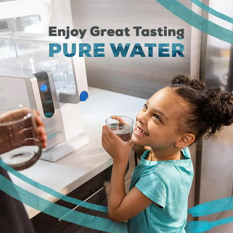 Child drinking water from Classic Replacement Filters For Countertop Reverse Osmosis Water Purifier Bundle, PreFilter And VOC RO Filter Set