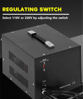 Close-up of Beefy 5000W Voltage Transformer Converter showing regulating switch for 110V or 220V selection with detachable cord.