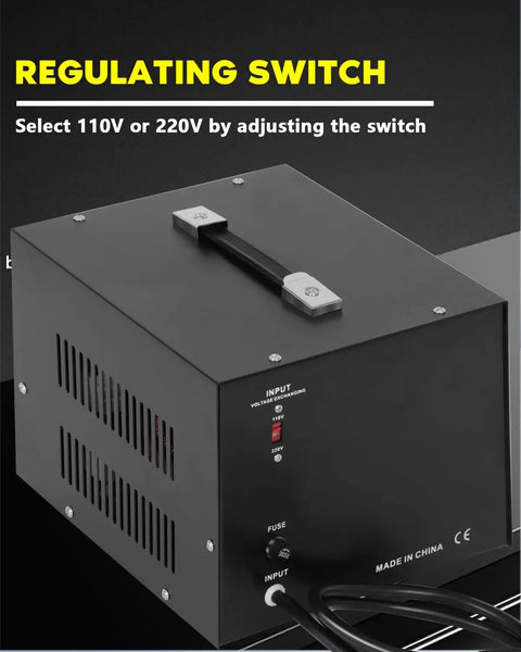 Close-up of Beefy 5000W Voltage Transformer Converter showing regulating switch for 110V or 220V selection with detachable cord.