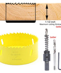 Four Inch Hole Saw Kit With Arbor Mandrel Bi-Metal Deep Cut For Wood Drywall Plywood Plastic And Thin Metal One And A Half Inch Cutting Depth Three Eighths Inch Hex Shank Ideal For Cornhole Boards, showing a yellow saw and arbor set.