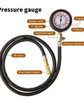 Oil pressure tester kit with 0-140 psi gauge, 3-inch dial, rubber cover, brass quick coupler and 4 ft hose (front view).