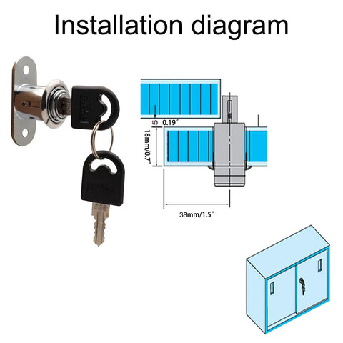 Installation diagram of Premium Heavy Duty Two Pack Push Plunger Lock With Unique Keys For Cabinet Wardrobe And Storage Zinc Alloy Chrome Coating.