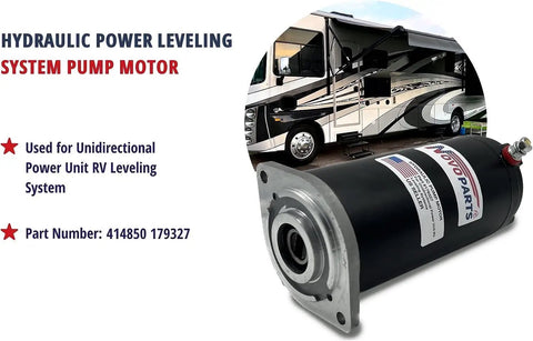 Beefy Replacement Hydraulic Pump Motor For Unidirectional RV Leveling Systems 179327 414850 with motorhome background