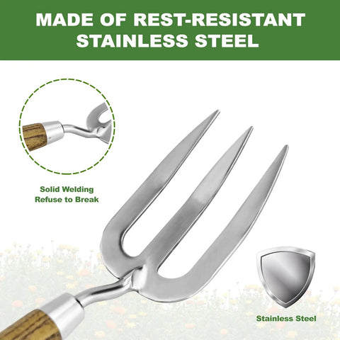 Heavy Duty Weeding Fork With Sharp Tines And Comfortable Wood Handle for weed uprooting, stainless steel close-up view