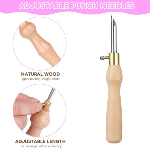 Punch Needle Kit for Adults Beginners With Adjustable Wooden Handle Tools showing natural wood handle and adjustable length feature.