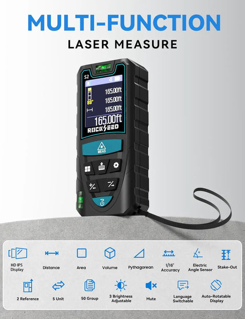 Heavy Duty 165 Ft Laser Measure With Rotatable Hd Ips Screen And Four Way Twist For Sweet Angle Reads Packs 12 Measurement Modes Auto Leveling Stake Layout Tool And Five Unit Swaps For Distance Area And Volume Work Whenever You Are Rolling