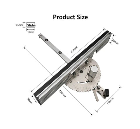 Dead On Table Router Gauge With Flip Stop Fence And Adjustable Protractor Angle Ruler For Smooth Woodwork and Easy Shop Mods featuring product size measurements.