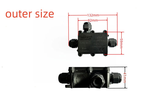 Waterproof Outdoor Junction Box IP68 with 3 Way M20 Cable Gland for 4 to 12mm Wire Range, Black, size dimensions