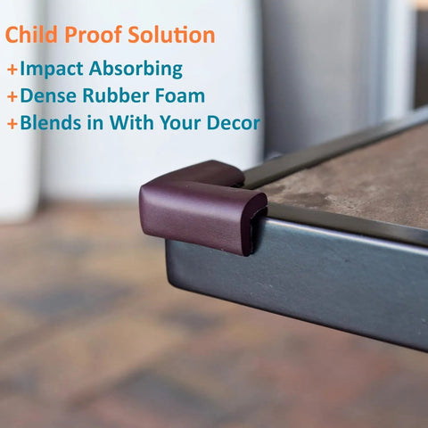 Eight Pack Baby Proofing Corner Guards Kid Safe Soft Rubber Edge Protectors With 3M Adhesive on table corner, brown color.