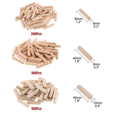Premium Wood Dowel Pins Set 400 Pieces 6mm 8mm 10mm L Fluted Beveled Ends Tapered For Easier Insertion Straight Grooved Pins