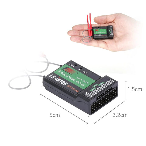 10 Channel FS-iA10B 2.4GHz AFHDS 2A Receiver for RC Drones, Airplanes, Gliders, and Helis, shown with dimensions