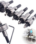 Five Piece Hole Saw Set From 16mm To 30mm HSS Cutter Kit For Stainless Steel Wood Aluminum And Plastic displayed with sample cut.