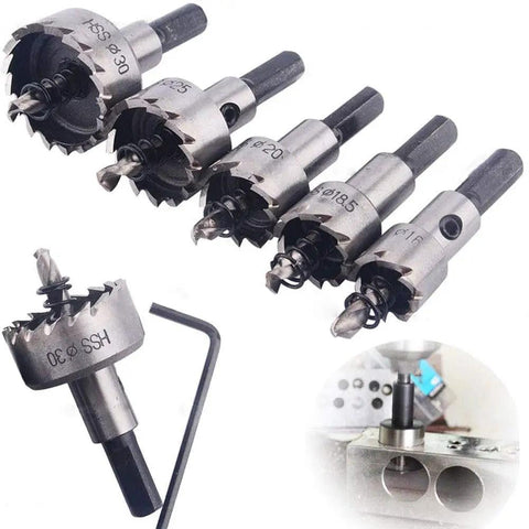 Five Piece Hole Saw Set From 16mm To 30mm HSS Cutter Kit For Stainless Steel Wood Aluminum And Plastic displayed with sample cut.