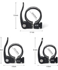 Three sizes of Lightweight Aluminum Bike Seat Post Clamp With Quick Release, hollow 39g design, black, fits 28.6mm, 31.8mm, 34.9mm posts.
