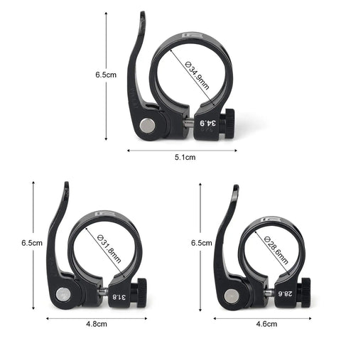 Three sizes of Lightweight Aluminum Bike Seat Post Clamp With Quick Release, hollow 39g design, black, fits 28.6mm, 31.8mm, 34.9mm posts.