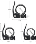 Lightweight Aluminum Alloy Bike Seat Post Clamp With Quick Release Collar For 28.6mm 31.8mm And 34.9mm Posts For Easy Height Tuning And Slick Adjustments, showing size and dimensions.
