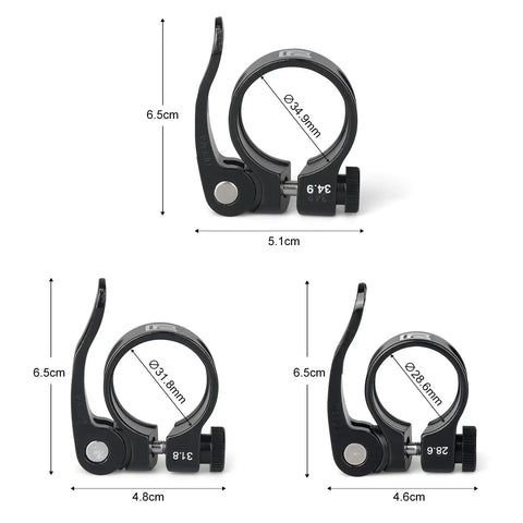 Lightweight Aluminum Alloy Bike Seat Post Clamp With Quick Release Collar For 28.6mm 31.8mm And 34.9mm Posts For Easy Height Tuning And Slick Adjustments, showing size and dimensions.