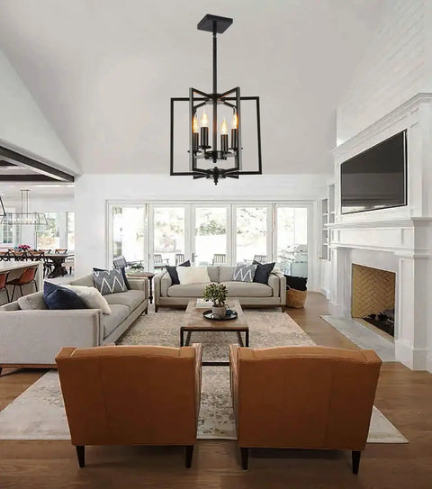 Industrial Farmhouse Pendant Light Fixture Four Lights Flush Mount Metal Ceiling Light With Adjustable Height in living room