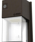 7 Inch Mini LED Wall Pack Outdoor Light Fixture With 3 Way Selectable CCT 3000K 4000K 5000K Adjustable Lumens Dusk To Dawn Photocell MVOLT Bronze Finish