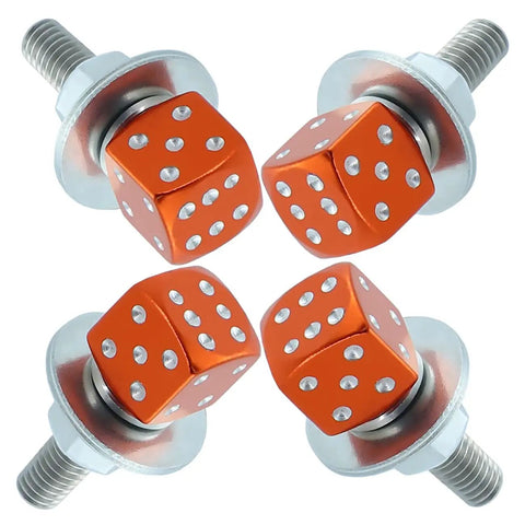 Dice License Plate Screw Fasteners Kit Four Piece Set For Cars Trucks And Motorcycles Orange Durable Stainless Steel And Aluminum Alloy Universal Fit Lets You Deck Out Your Ride With A Cool Dice Style shown in image.