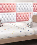 Solid White 3D Foam Wall Protectors, Rad Sound Blocking Acoustic Bed Backers, Soft Anti Collision Safety Pads, Chill Vibe Room Padding For Kids Playrooms And Bedrooms, Hassle Free Game Changer Setup with soft toys in a colorful room.