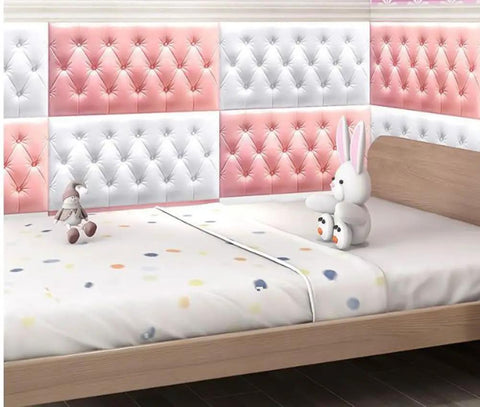 Solid White 3D Foam Wall Protectors, Rad Sound Blocking Acoustic Bed Backers, Soft Anti Collision Safety Pads, Chill Vibe Room Padding For Kids Playrooms And Bedrooms, Hassle Free Game Changer Setup with soft toys in a colorful room.