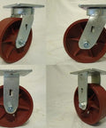 6 Inch Ductile Steel Caster Wheel Set With Heavy Duty Roller Bearings And Zerk Fitting Rock Solid features a swivel caster with a red wheel.