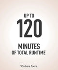 Text highlighting 'Up to 120 Minutes of Total Runtime' for the Ion Robot Vacuum With Tri-Brush System And WiFi Connectivity.