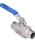Badass 3/4 Inch 304 Stainless Steel Ball Valve With Npt Male Threads Top Shelf Rust Proof Design For Water And Oil Lines, side view with blue handle.