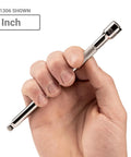 Person holding 6 inch One Quarter Inch Drive Wobble Extension Set, Three-Piece, Angled Or Straight Use, for tight spots.