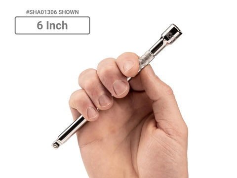 Person holding 6 inch One Quarter Inch Drive Wobble Extension Set, Three-Piece, Angled Or Straight Use, for tight spots.