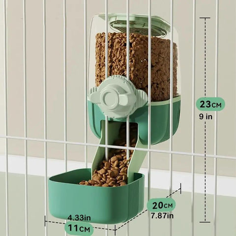 Hanging Gravity Pet Feeder Auto Water Dispenser No Drip Drinking Bowl Cage Mounted Food Dish For Dogs Cats Rabbits with food inside.