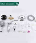 All In One Shower Faucet Set With Tub Spout And Chrome Trim Kit Pressure Balanced Valve Dual Function 5 Spray Touch Clean Handheld Shower Head Polished Chrome Finish accessories laid out including valve, spout, and manual.