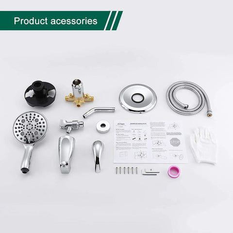 All In One Shower Faucet Set With Tub Spout And Chrome Trim Kit Pressure Balanced Valve Dual Function 5 Spray Touch Clean Handheld Shower Head Polished Chrome Finish accessories laid out including valve, spout, and manual.