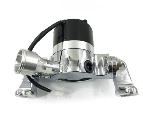Small Block Chevy Electric Water Pump Delivers Killer 35 Gpm High Volume Flow With Rock Solid Chrome Aluminum Housing, top view.