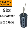 12 Pack 4700uF 25V Aluminum Electrolytic Capacitors 16x25mm for DIY, showing capacitor size 0.63x0.98 inches