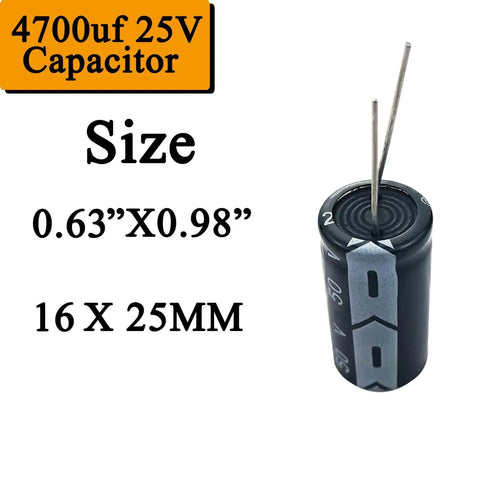 12 Pack 4700uF 25V Aluminum Electrolytic Capacitors 16x25mm for DIY, showing capacitor size 0.63x0.98 inches