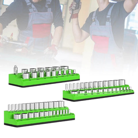 Heavy Duty Socket Organizers Set Of Three Portable Rack Holders For Garage Workshop Tool Stash Keeper Sturdy Pp Design Tame The Clutter In Your Sweet Setup And Keep It Tight Sae Green with sockets arranged on green racks.