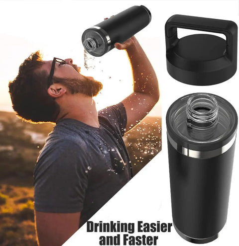 Chug Cap Replacement Screw Top Lid For Rambler Bottle 18oz 26oz 36oz 64oz Built Tough Durable BPA Free Cap Cover Water Bottle Part Accessory Leak Proof Design shown with man drinking and black bottle