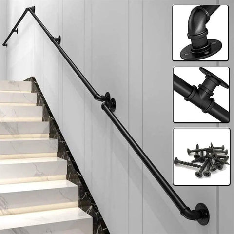 Matte Black Industrial Pipe Stair Handrail Featuring Badass Non Slip Grip Solid Wrought Iron Wall Banister on staircase.