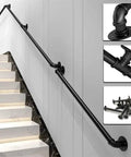 Rock Solid Matte Black Industrial Pipe Stair Handrail Wall Mounted Safety Railing with visible mounting hardware for stairs.