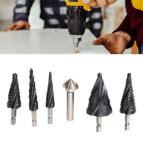 Heavy Duty Step Drill Bit Set With 4 Spiral Flutes And M35 Cobalt HSS For Metal Wood Plastic Drilling Smooth Cut Stainless Steel Aluminum Hex Shank on drill and six step bits
