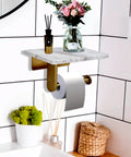 Dope Mega Roll Toilet Paper Holder With Natural Marble Shelf, Wall Mounted Bathroom Organizer in Brushed Gold