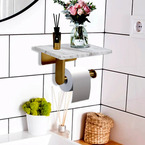 Dope Mega Roll Toilet Paper Holder With Natural Marble Shelf, Wall Mounted Bathroom Organizer in Brushed Gold