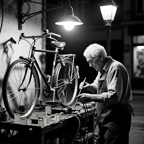 Man repairing bike using Five Sets Of Ten Types Bike Bearing Kit With Headset Retainers For Crank And Caged Wheel Repairs.