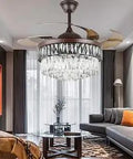 42 Inch Modern Crystal Fandelier Ceiling Fan With Light Retractable Blades, elegant living room view, bronze brown rose gold finish