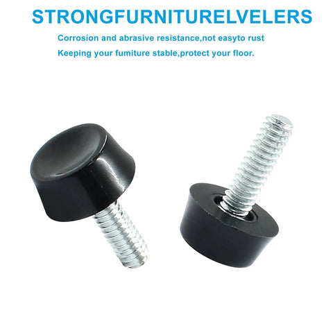 Two adjustable furniture leveling feet with black plastic tops and metal screws, part of a Twenty Four Pack Adjustable Furniture Leveling Feet Replace Wobbly Table Glides Screw In Leg Stabilizers One Quarter Inch Pitch Grip These Tight For A Rock Solid Foundation Wherever You Park Your Rig.