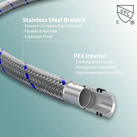Close-up of stainless steel braided and PEX interior hose for Dope Matte Black Kitchen Faucet With Pull Down Sprayer, 3 Function Spray Head With Stream, Spray, Pause, High Arc Spout, 360 Degree Swivel, Single Handle RV And Home Kitchen Sink Faucet.