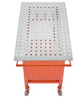 Built Like A Tank Steel Welding Workbench 40 By 24 Inches Handling 800 Lbs showing smooth top with clamp holes and orange base.