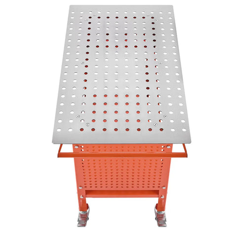 Built Like A Tank Steel Welding Workbench 40 By 24 Inches Handling 800 Lbs showing smooth top with clamp holes and orange base.